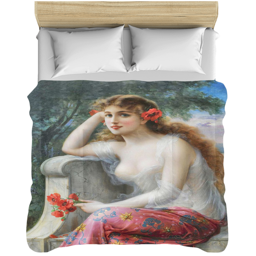 Victorian lady design comforter, twin, twin XL, queen or king, Young Beauty with Poppies