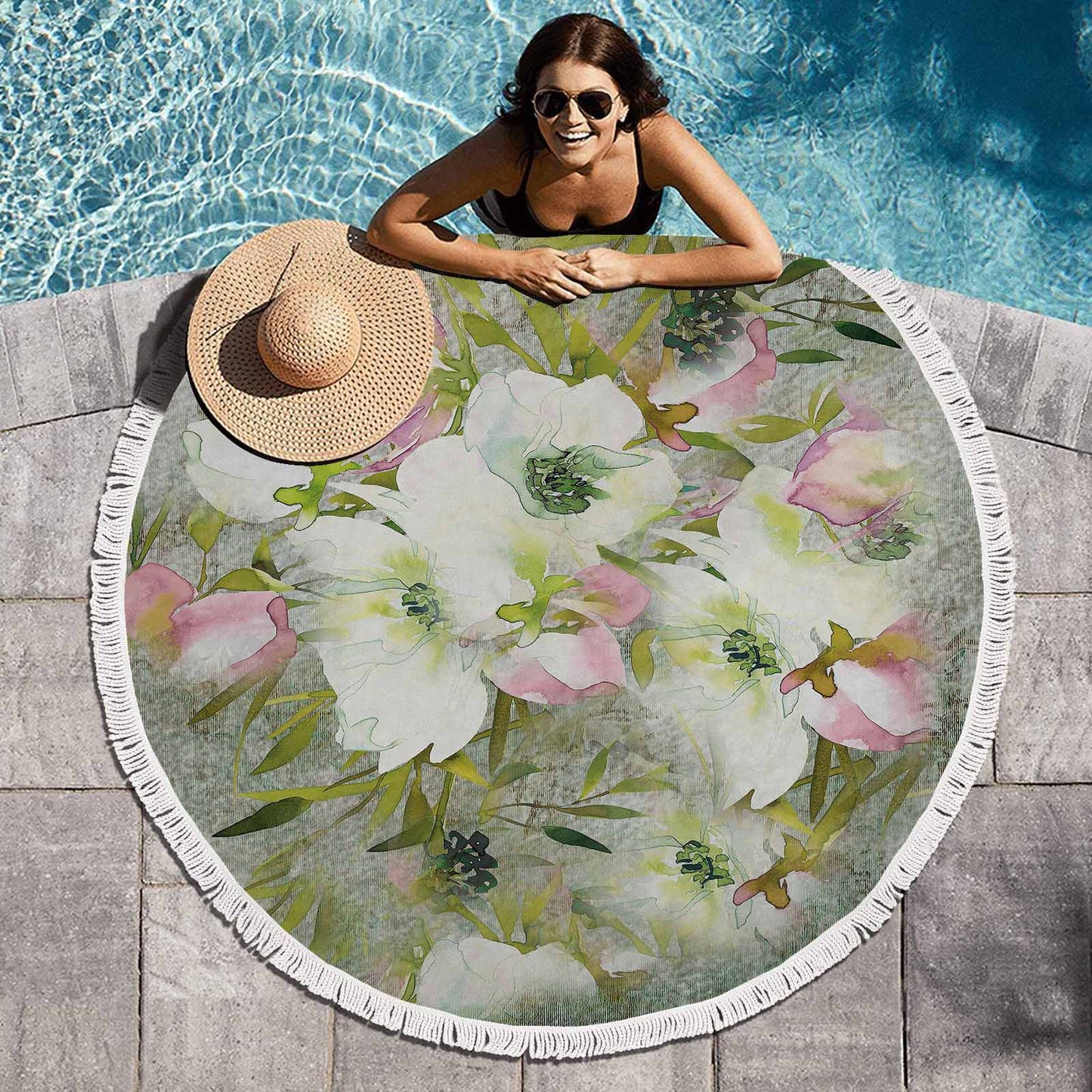 Vintage Floral circular plush beach towel, fringe edges, Design 03