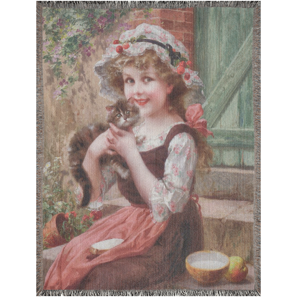 100% cotton Victorian Girl design woven blanket, 50 x 60 or 60 x 80in, The Little Kittens