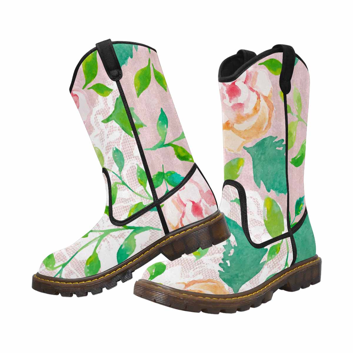 Victorian lace print, western lumber boots, design 21