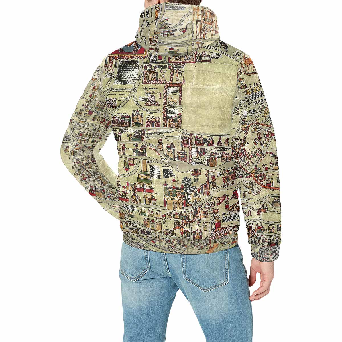 Antique Map design, mens lightweight, warm, quilted hooded bomber jacket, design, 27