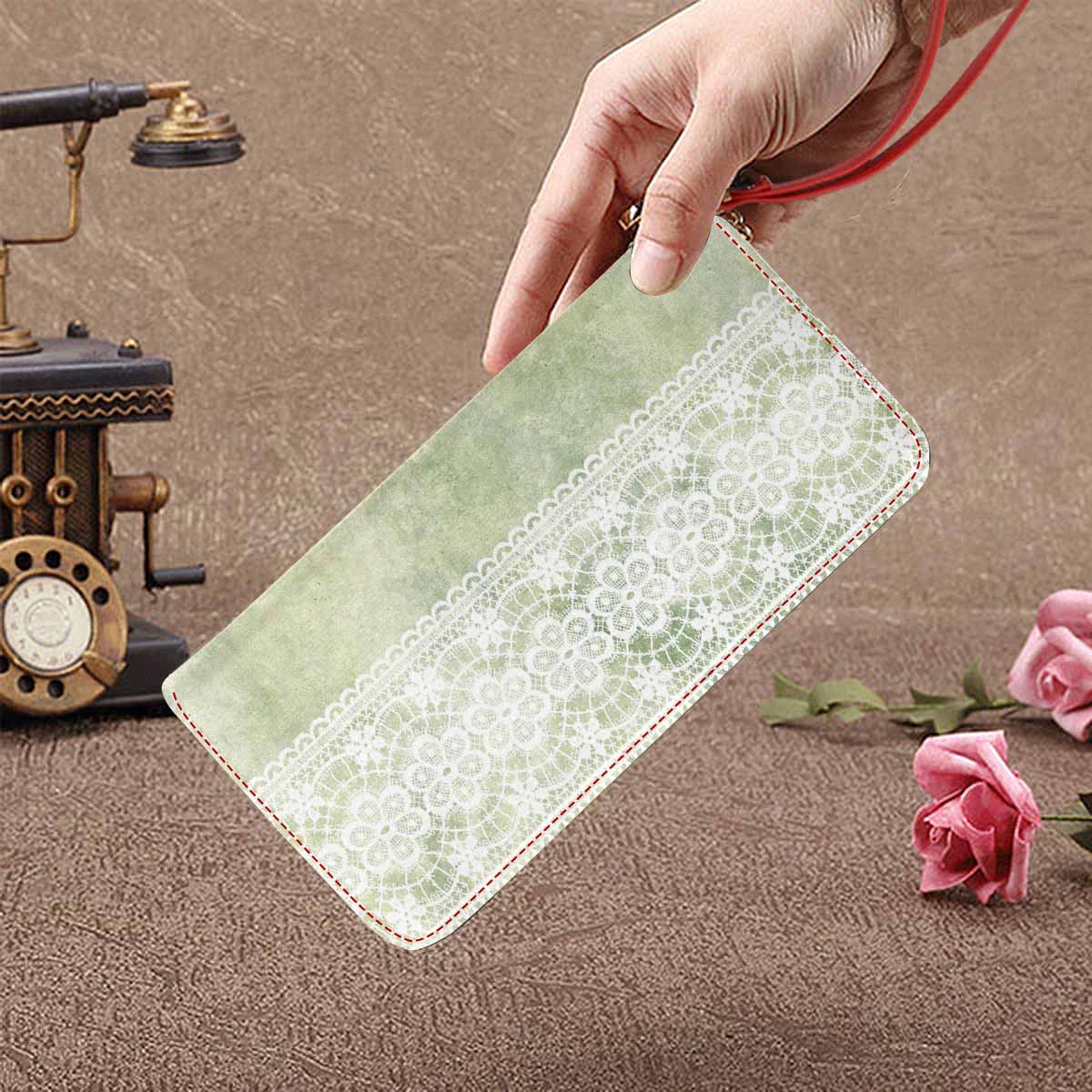 Victorian lace print womens wallet, clutch purse, red trim, design 42