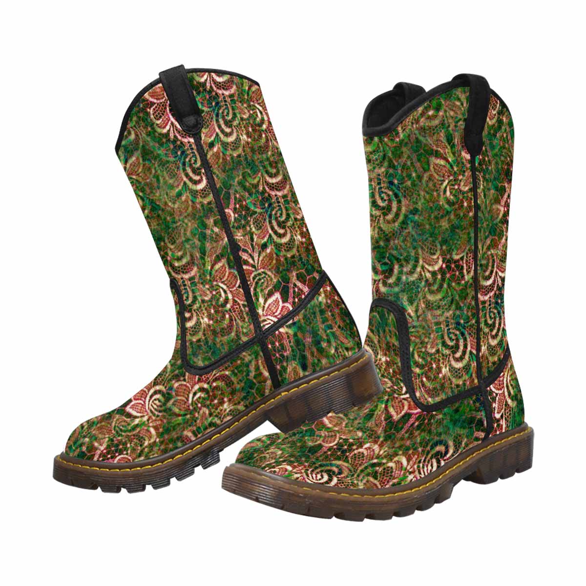 Victorian lace print, western lumber boots, design 34