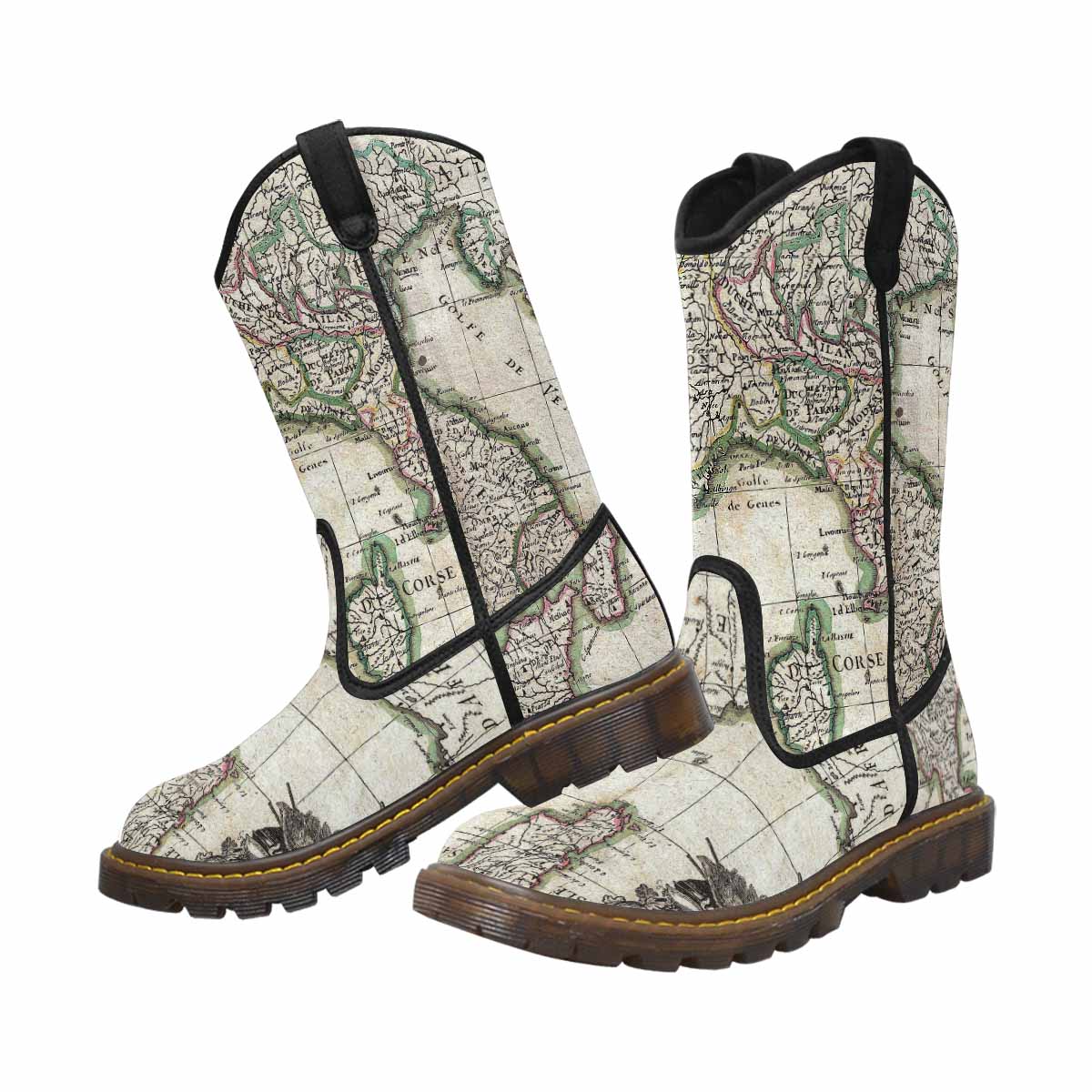 Antique Map design mens western lumber boots, Design 6