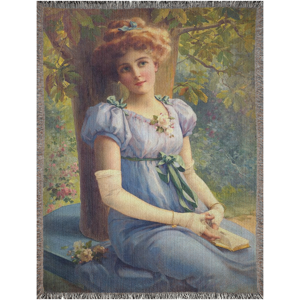 100% cotton Victorian Lady design design woven blanket, 50 x 60 or 60 x 80in, A SWEET GLANCE