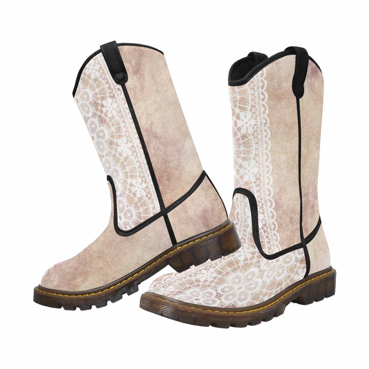 Victorian lace print, western lumber boots, design 35