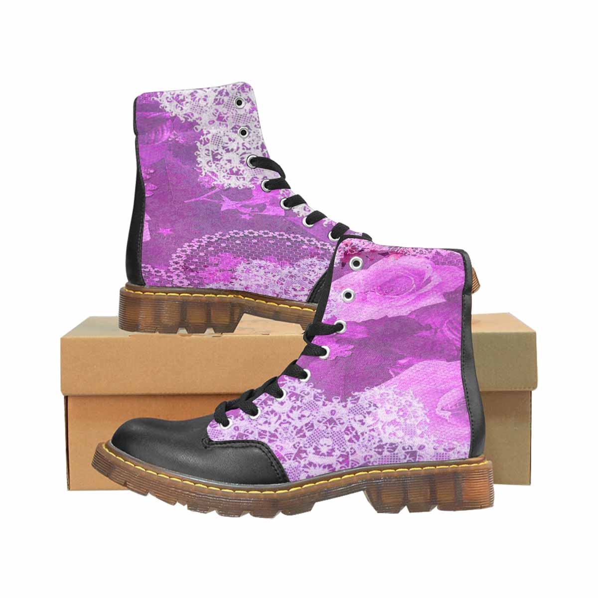 Victorian lace print, cute but tough, Winter walk about boots, design 03