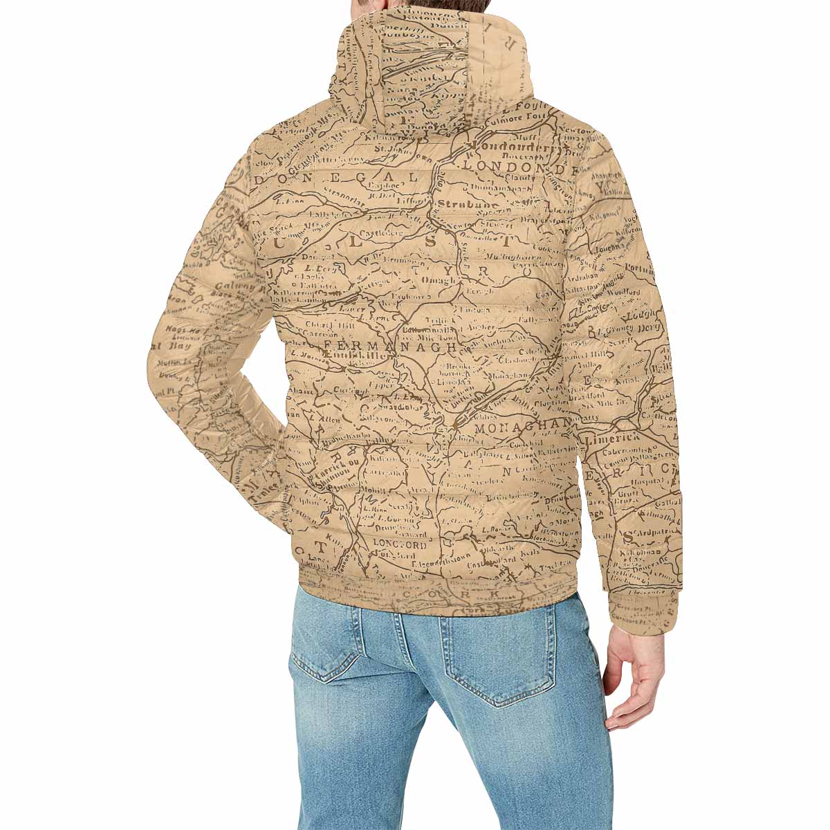 Antique Map design, mens lightweight, warm, quilted hooded bomber jacket, design, 51