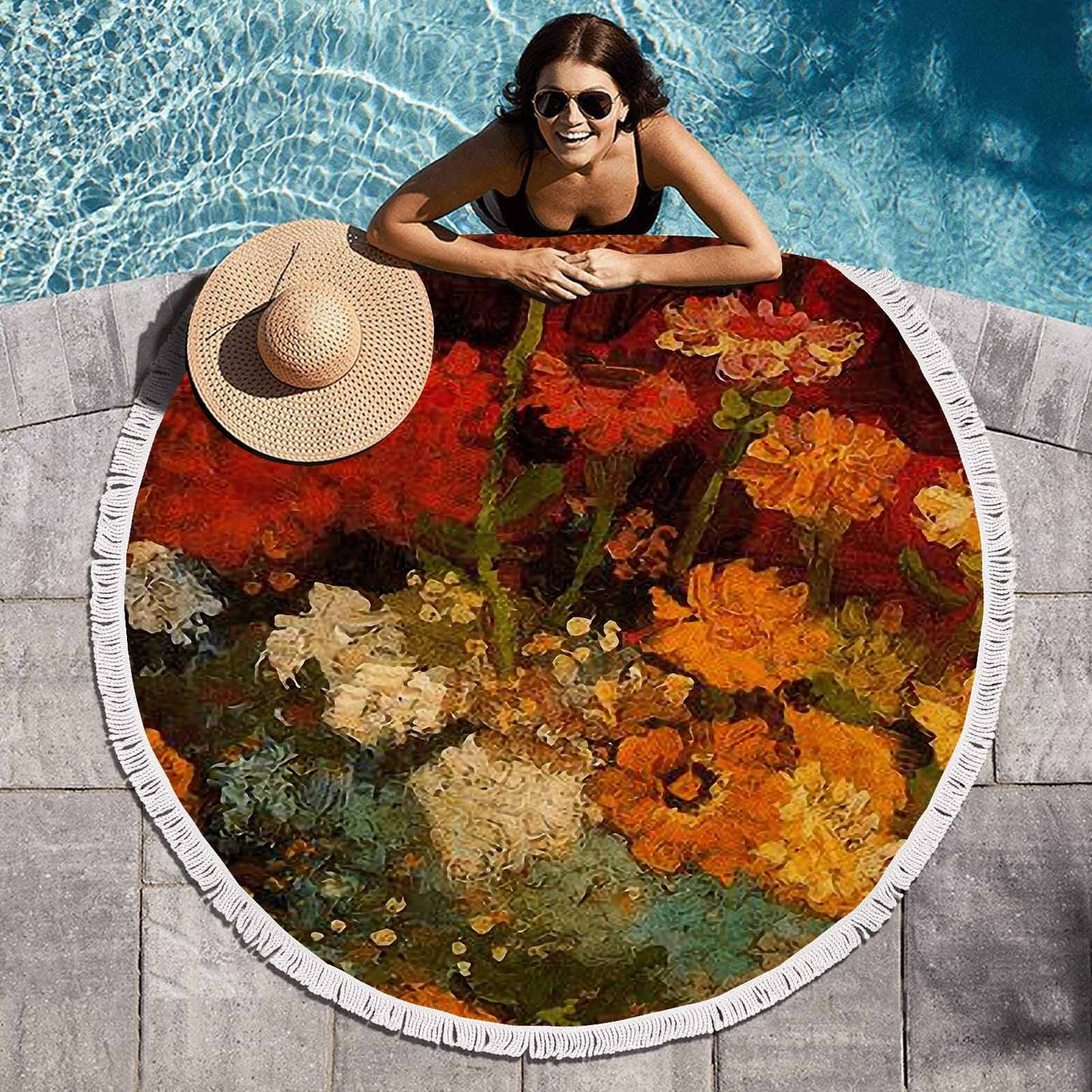 Vintage Floral circular plush beach towel, fringe edges, Design 31