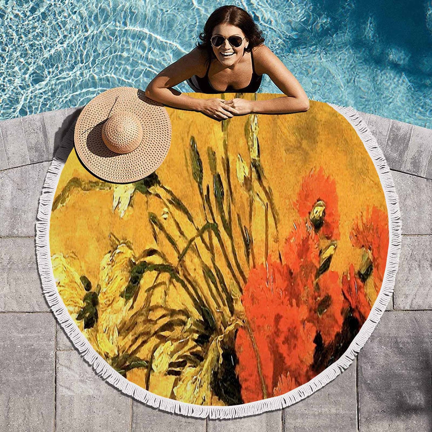 Vintage Floral circular plush beach towel, fringe edges, Design 61