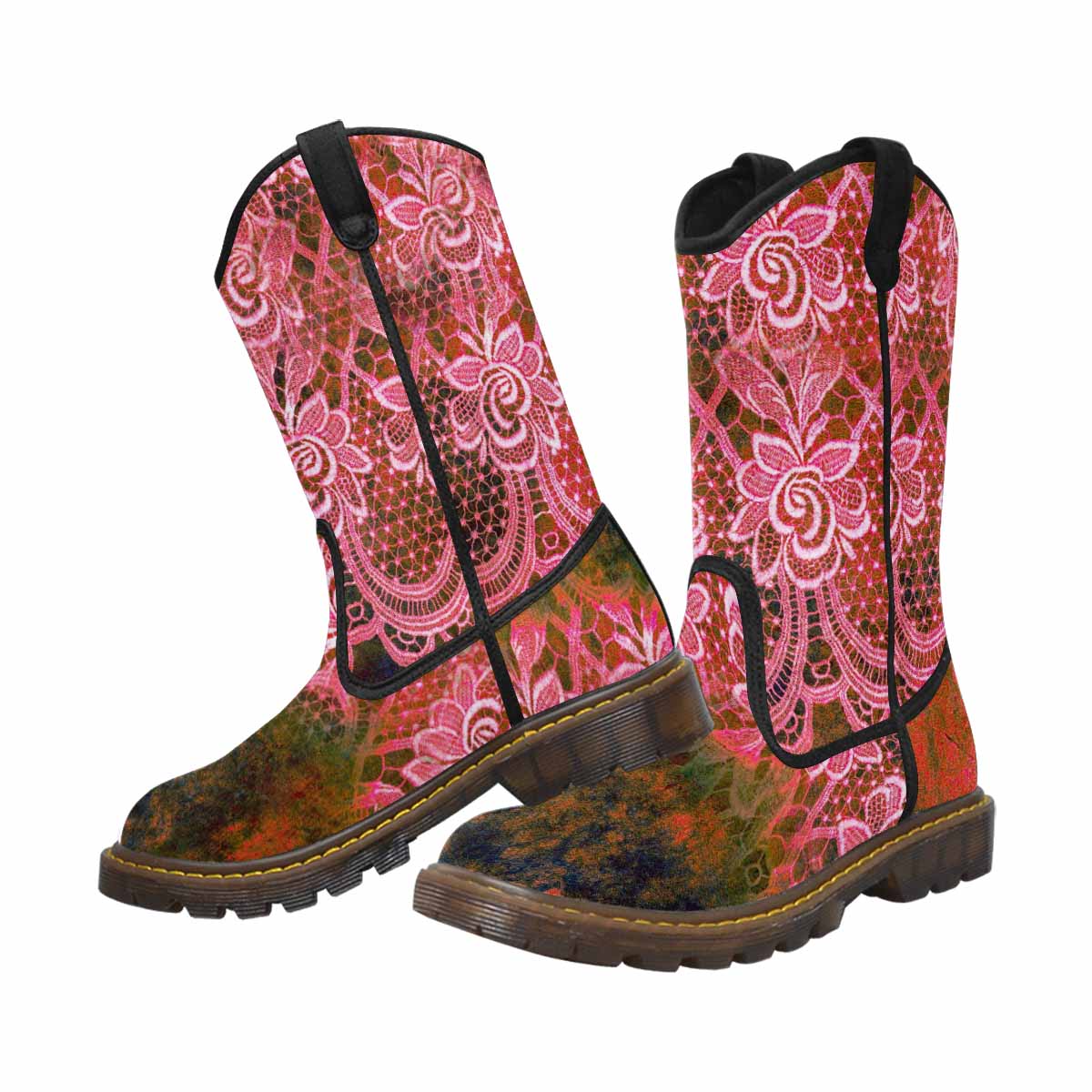 Victorian lace print, western lumber boots, design 32