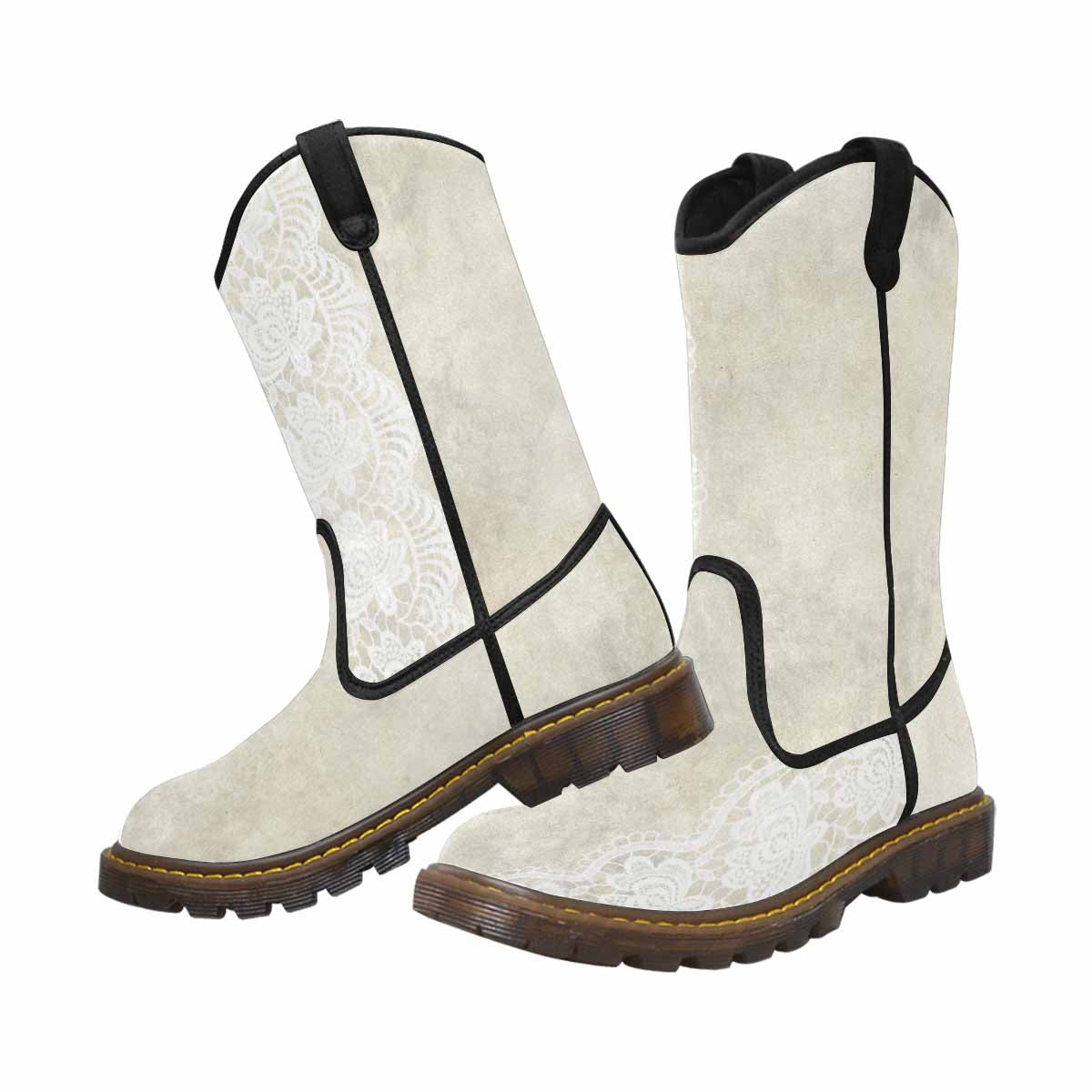 Victorian lace print, western lumber boots, design 27