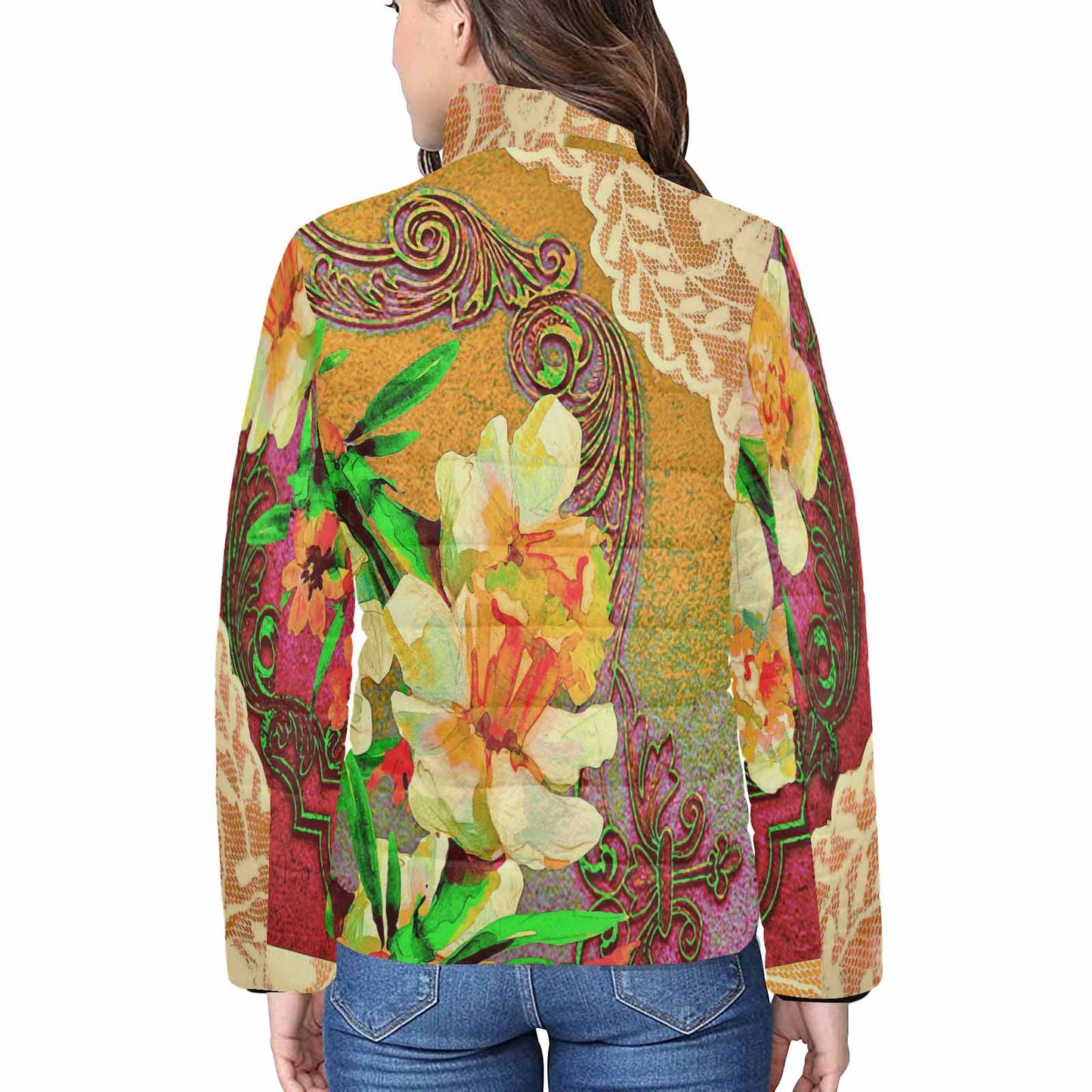Victorian Lace print womens padded quilted jacket, design 48