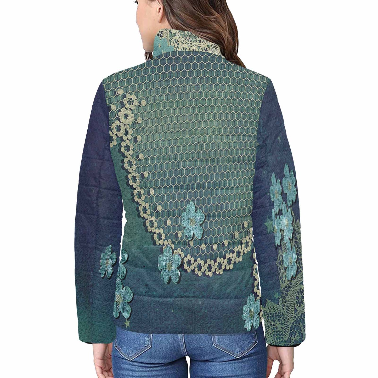 Victorian Lace print womens padded quilted jacket, design 04