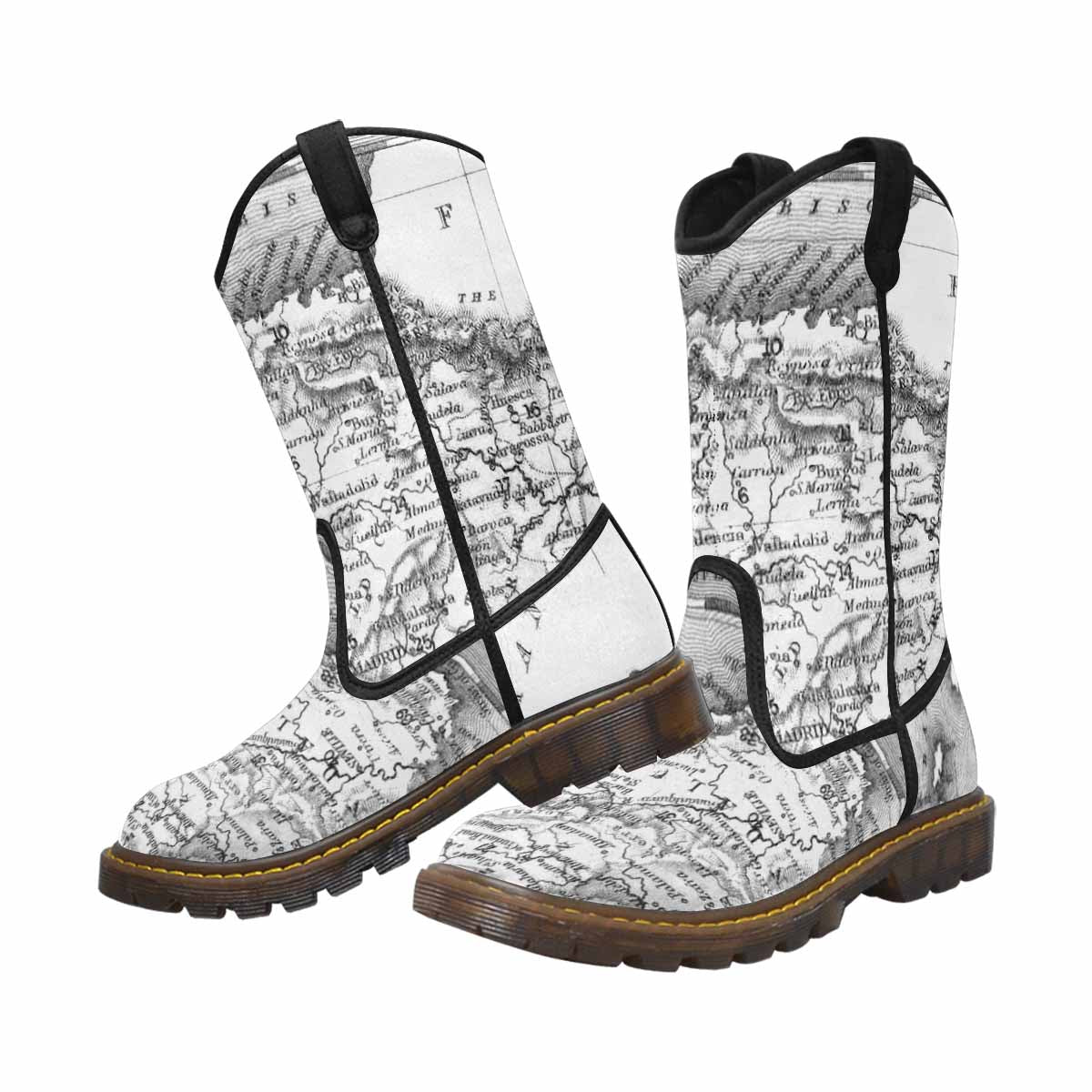 Antique Map design mens western lumber boots, Design 14