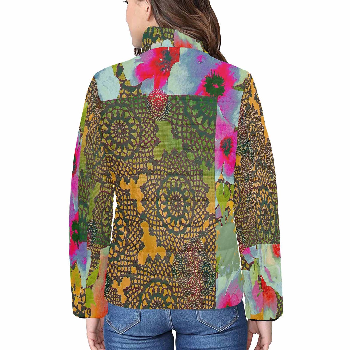 Victorian Lace print womens padded quilted jacket, design 15