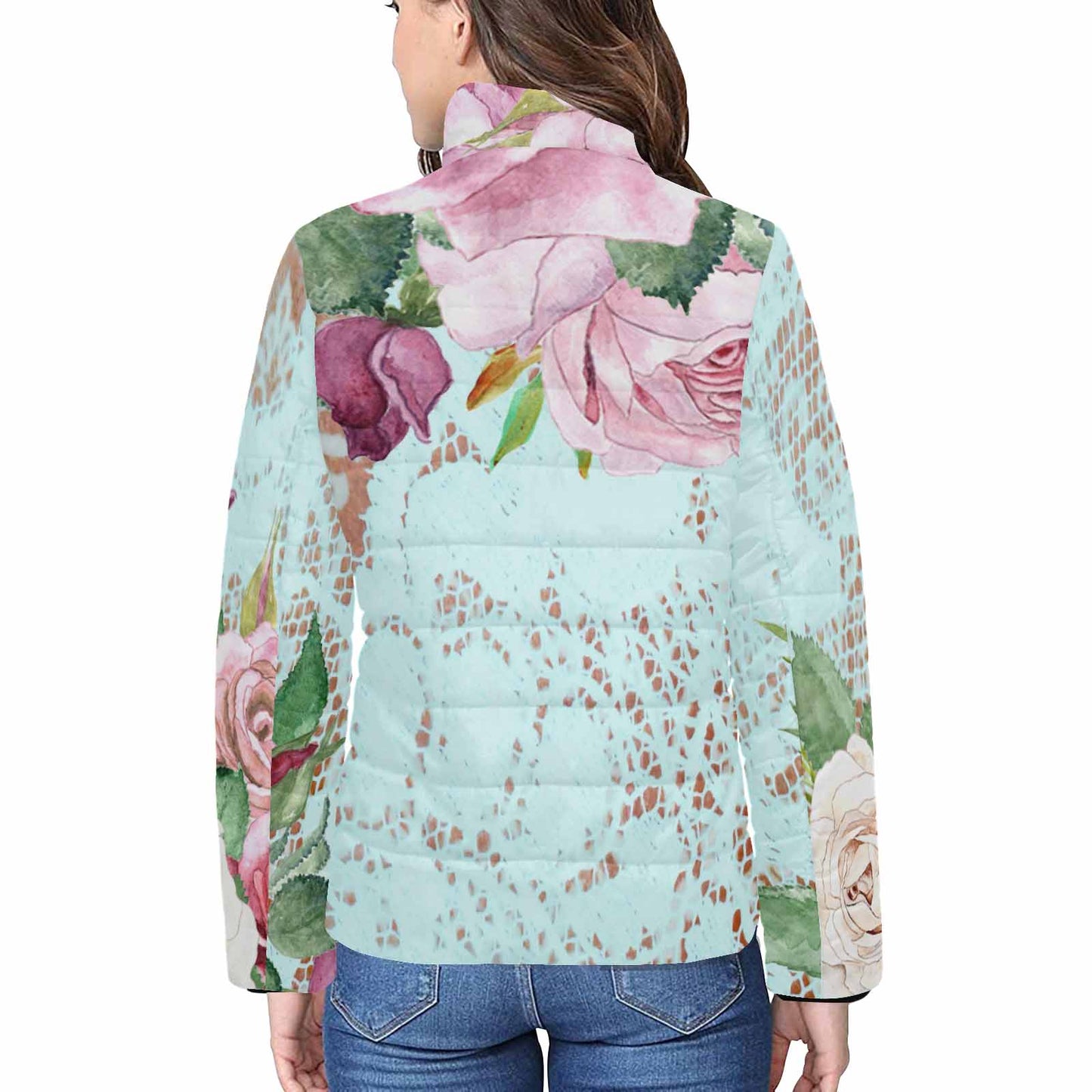 Victorian Lace print womens padded quilted jacket, design 24