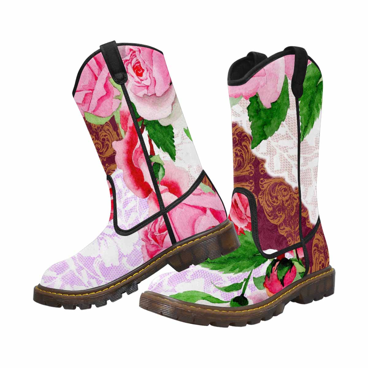 Victorian lace print, western lumber boots, design 19