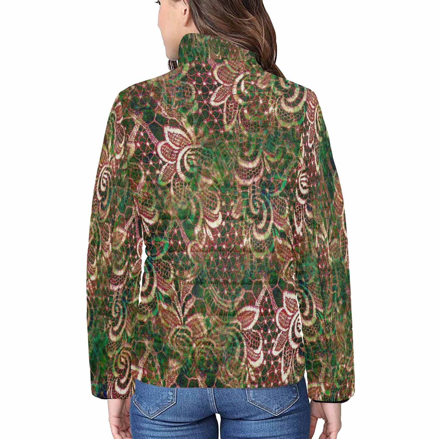 Victorian Lace print womens padded quilted jacket, design 34