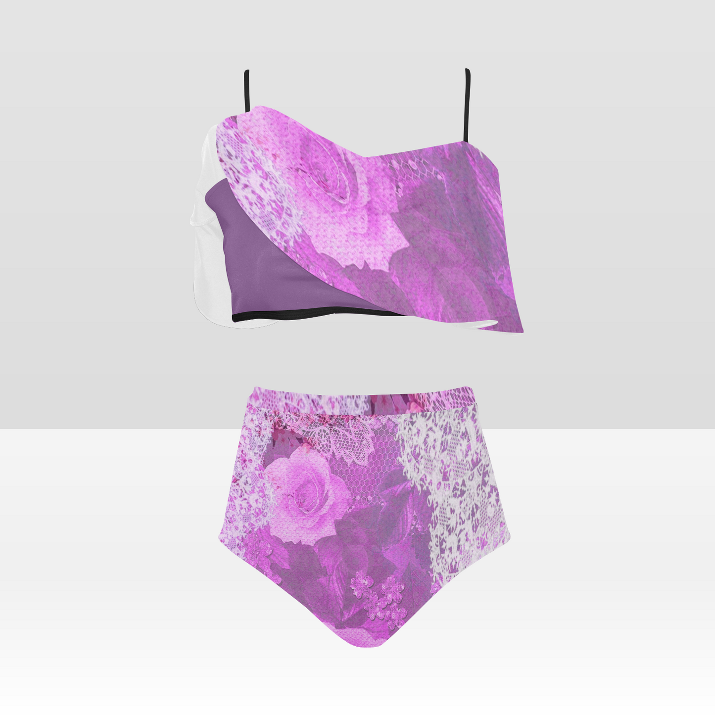 Flounce & Ruffle Bikini Swimwear, Printed Victorian lace, Design 03 High Waisted Ruffle Bikini Set-A/B (Model SO3)