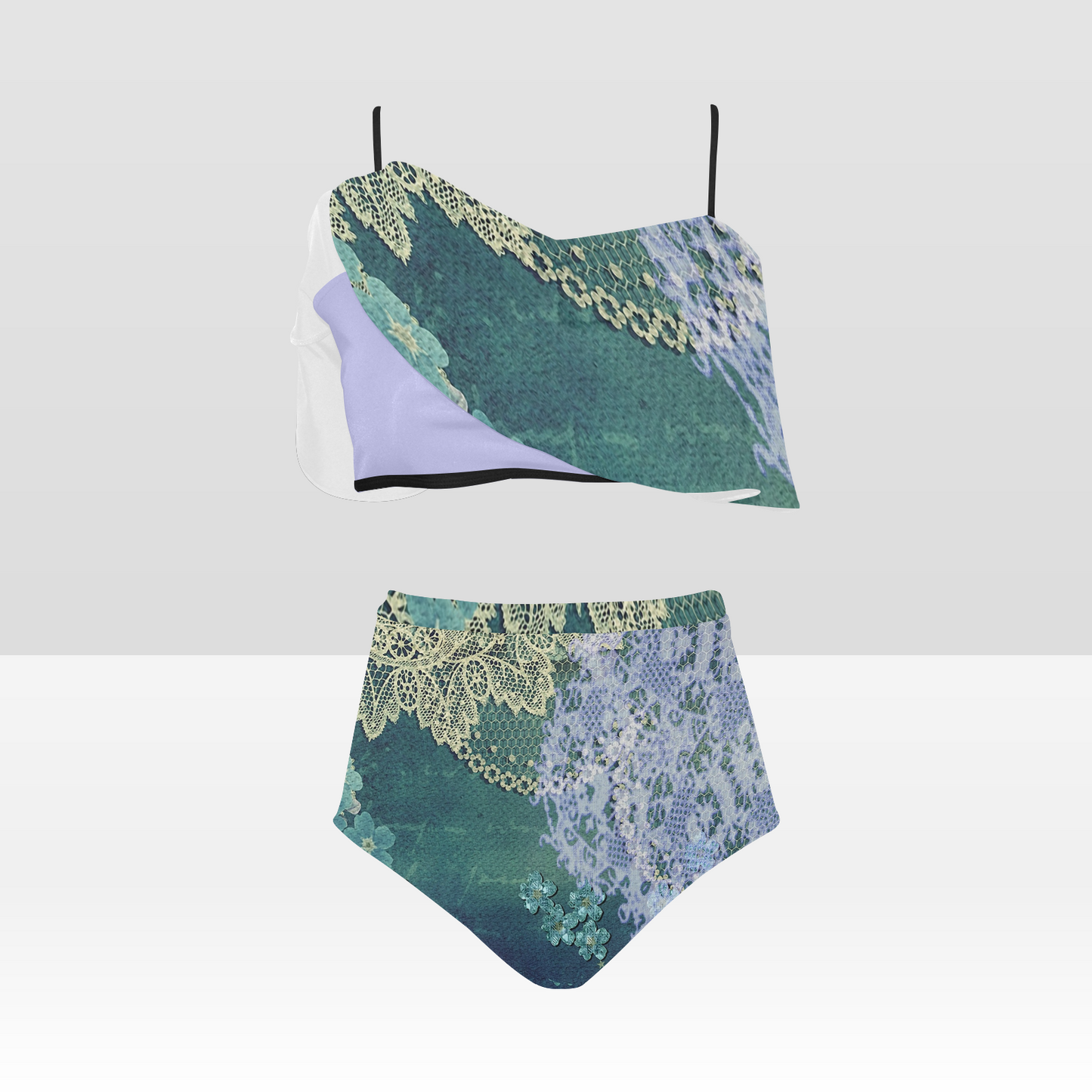 Flounce & Ruffle Bikini swimwear, Printed Victorian lace, Design 05 High Waisted Ruffle Bikini Set-A/B (Model SO3)