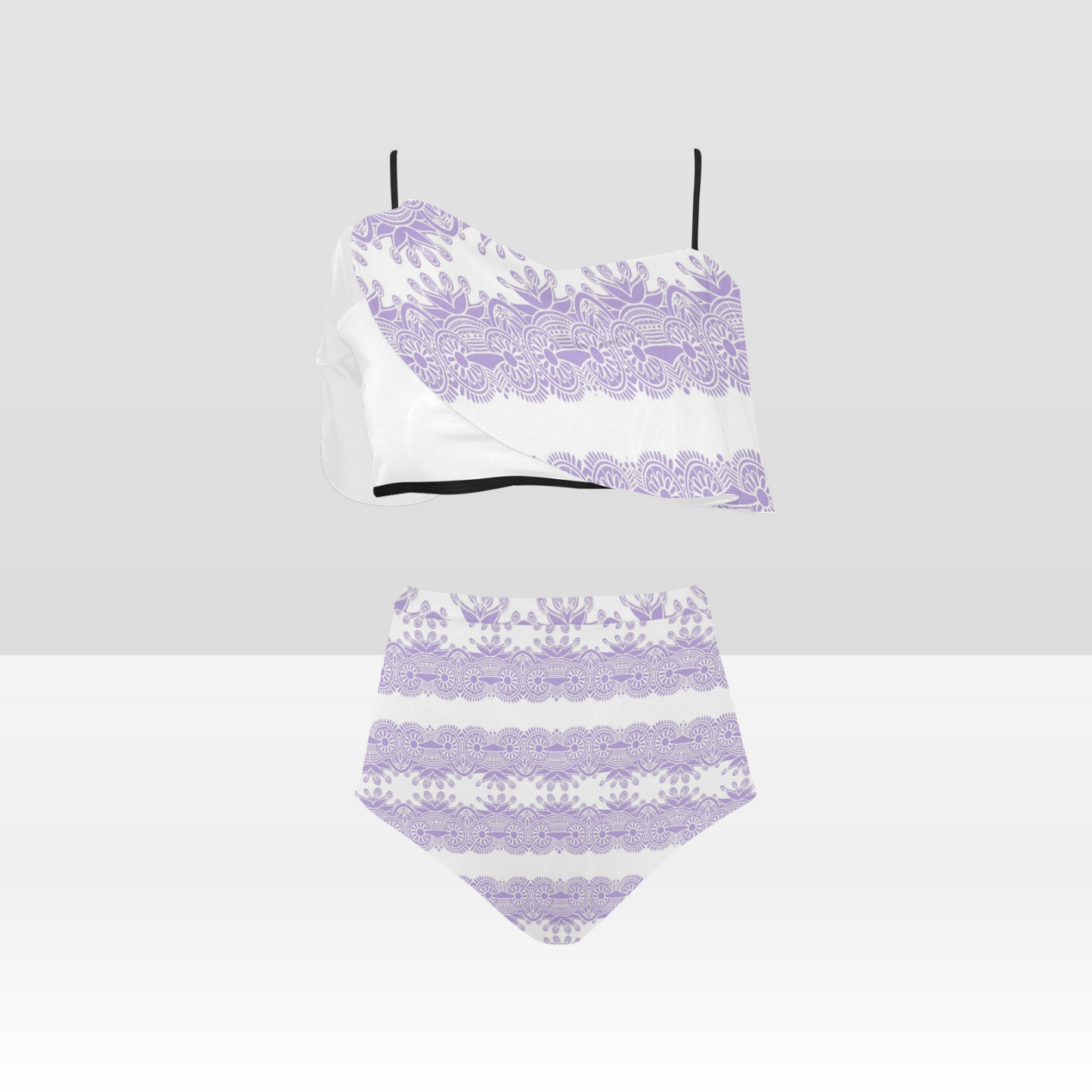 Flounce & Ruffle Bikini swimwear, Printed Victorian lace, Design 07 High Waisted Ruffle Bikini Set-A/B (Model SO3)