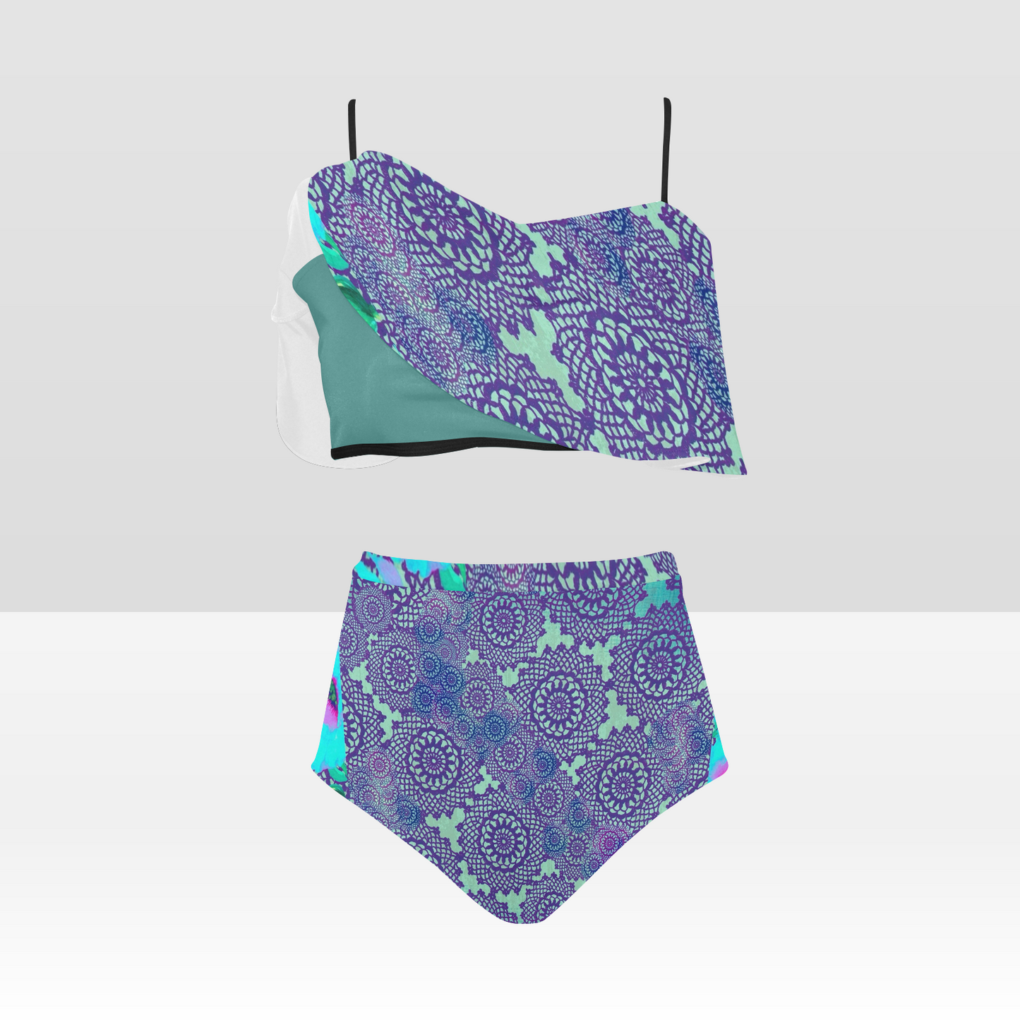 Flounce & Ruffle Bikini swimwear, Printed Victorian lace, Design 14 High Waisted Ruffle Bikini Set-A/B (Model SO3)