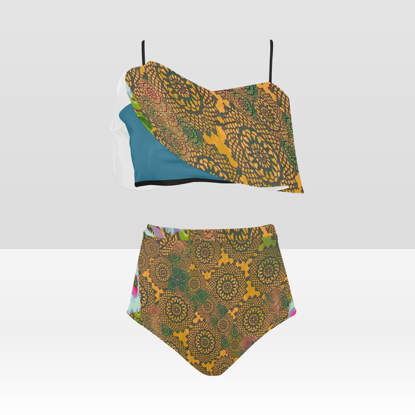 Flounce & Ruffle Bikini swimwear, Printed Victorian lace, Design 15 High Waisted Ruffle Bikini Set-A/B (Model SO3)