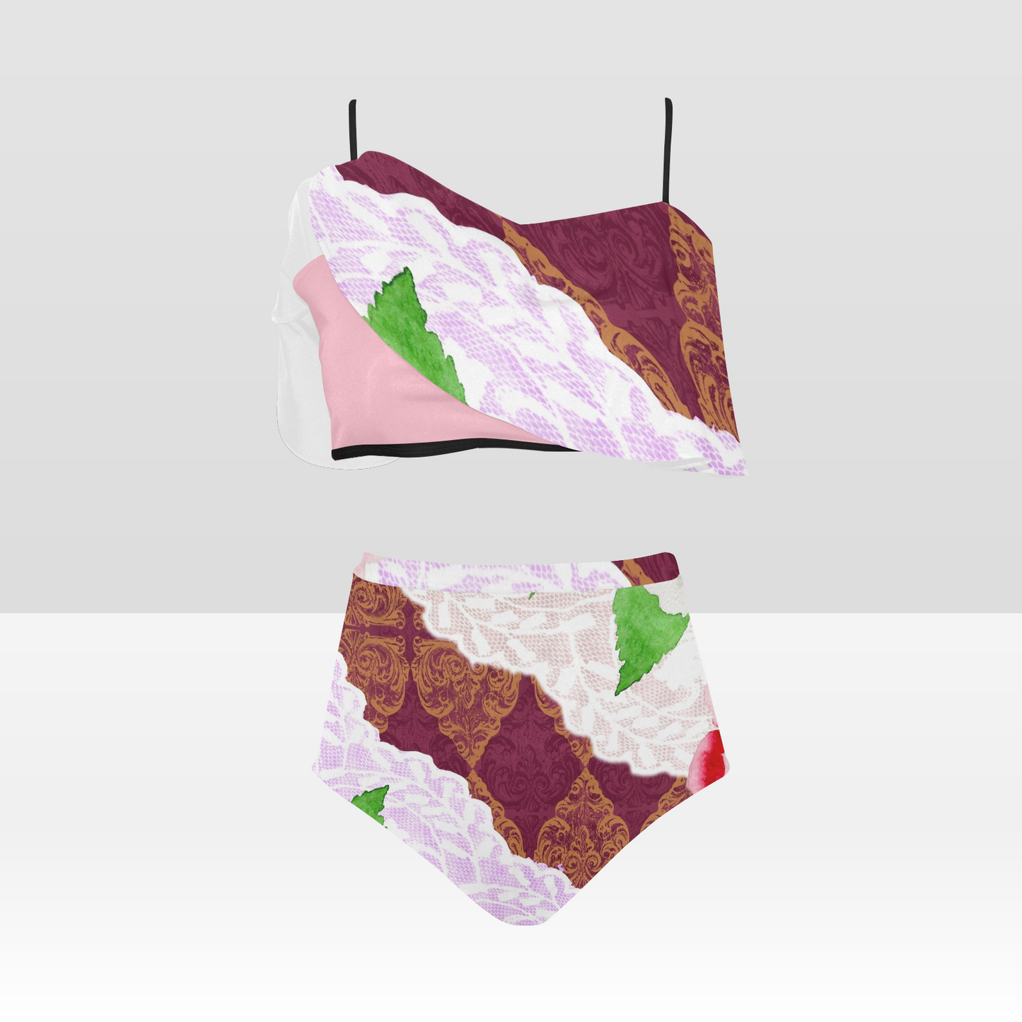 Flounce & Ruffle Bikini swimwear, Printed Victorian lace, Design 19 High Waisted Ruffle Bikini Set-A/B (Model SO3)