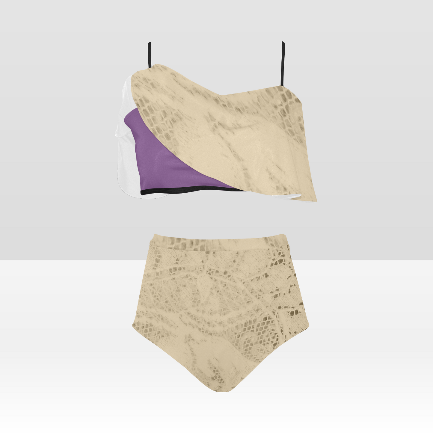 Flounce & Ruffle Bikini swimwear, Printed Victorian lace, Design 26 High Waisted Ruffle Bikini Set-A/B (Model SO3)