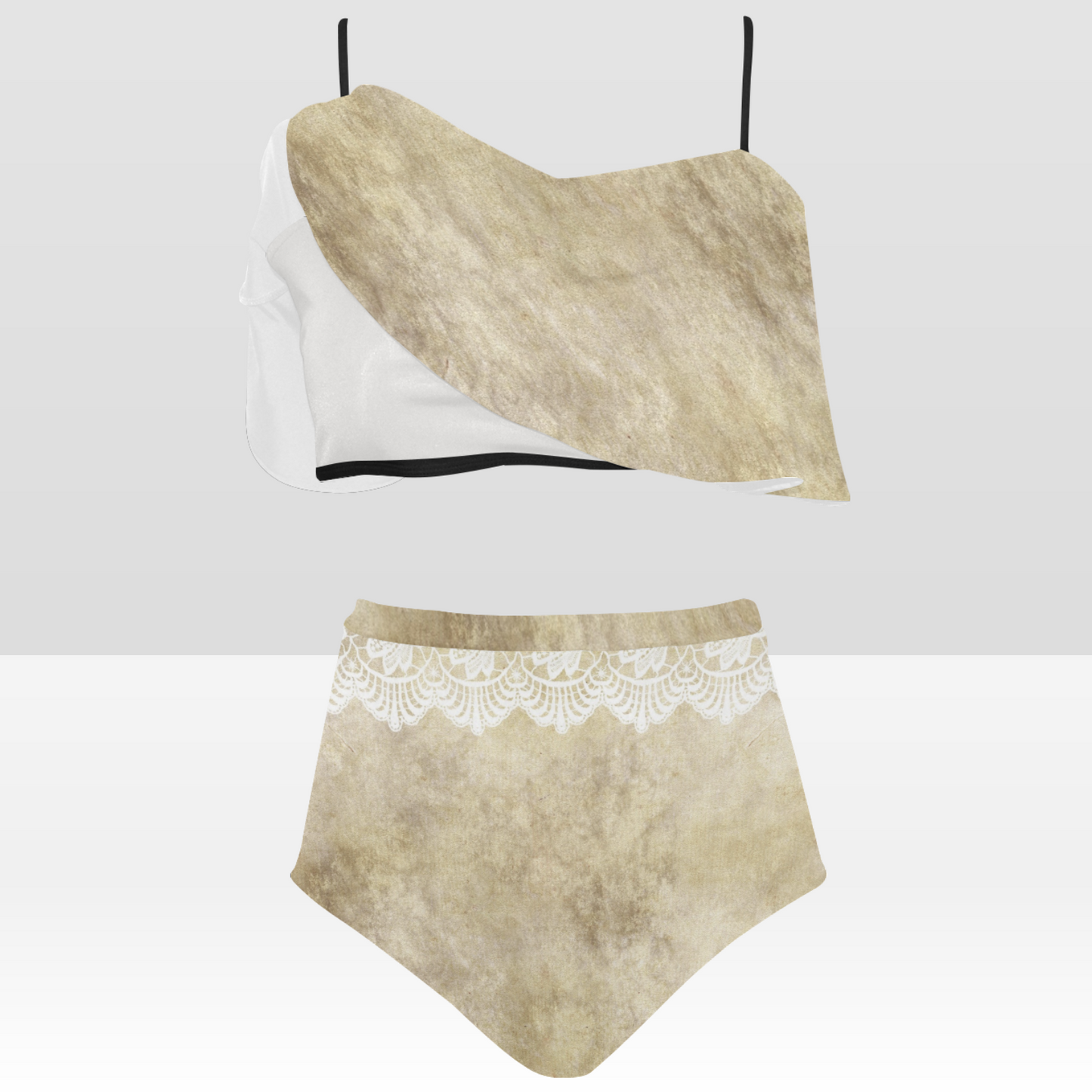 Flounce & Ruffle Bikini swimwear, Printed Victorian lace, Design 28 High Waisted Ruffle Bikini Set-A/B (Model SO3)