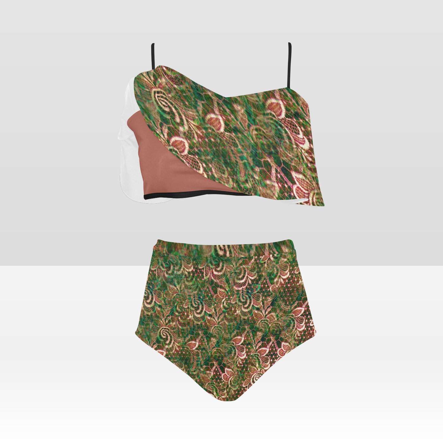 Flounce & Ruffle Bikini swimwear, Printed Victorian lace, Design 34 High Waisted Ruffle Bikini Set-A/B (Model SO3)