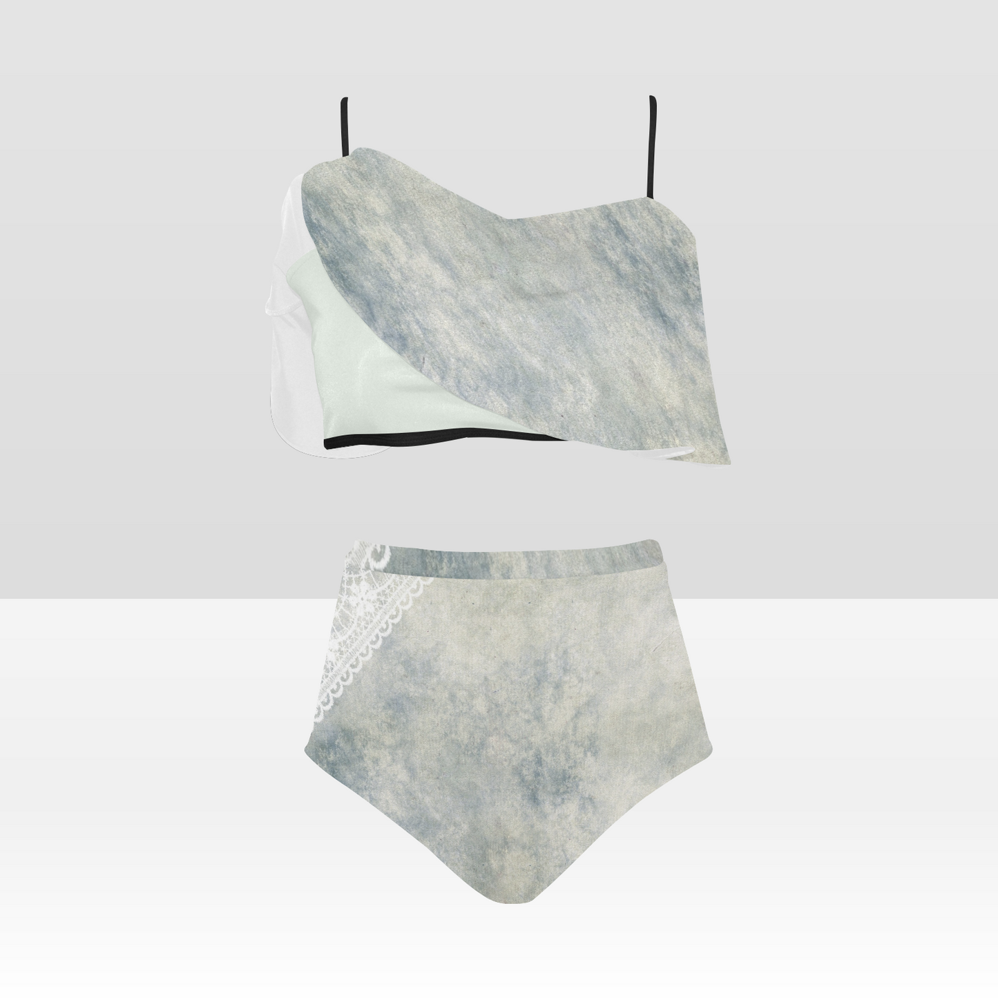 Flounce & Ruffle Bikini swimwear, Printed Victorian lace, Design 36 High Waisted Ruffle Bikini Set-A/B (Model SO3)