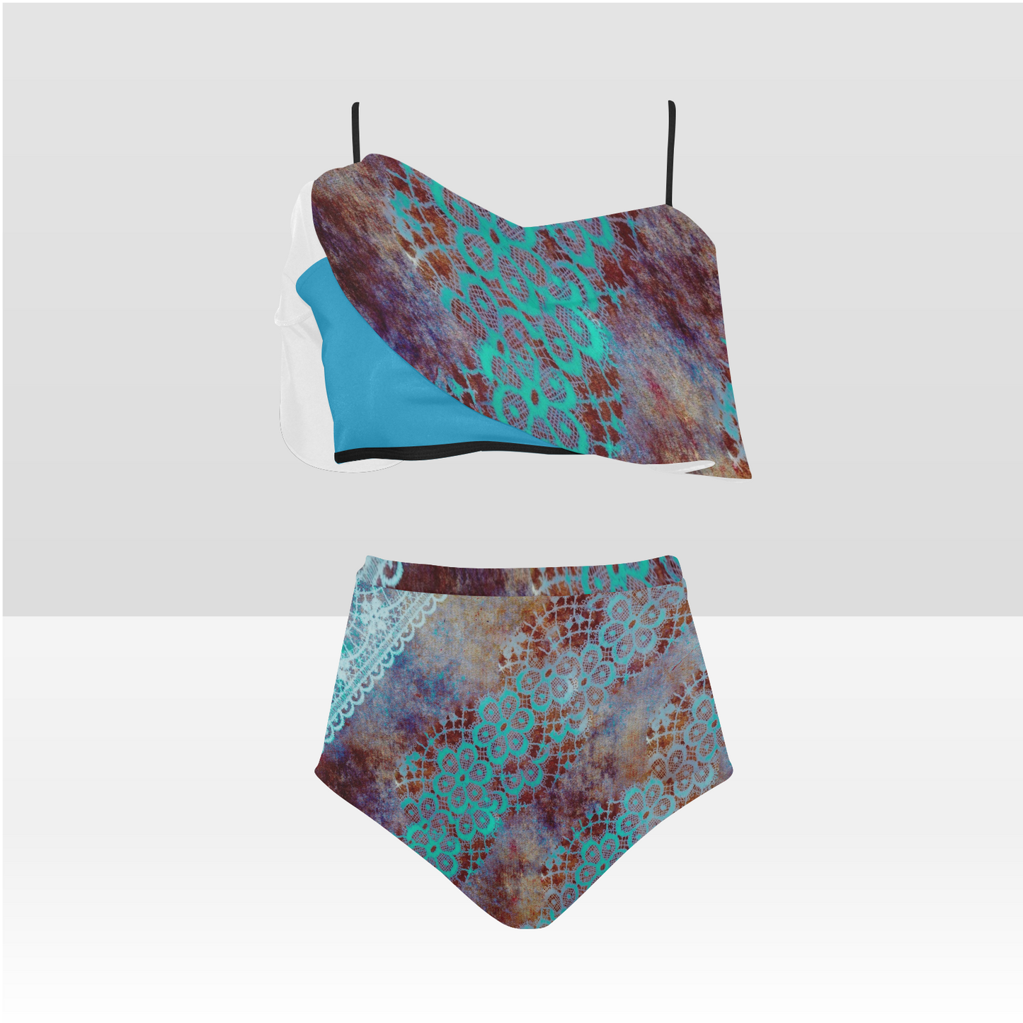 Flounce & Ruffle Bikini swimwear, Printed Victorian lace, Design 37 High Waisted Ruffle Bikini Set-A/B (Model SO3)