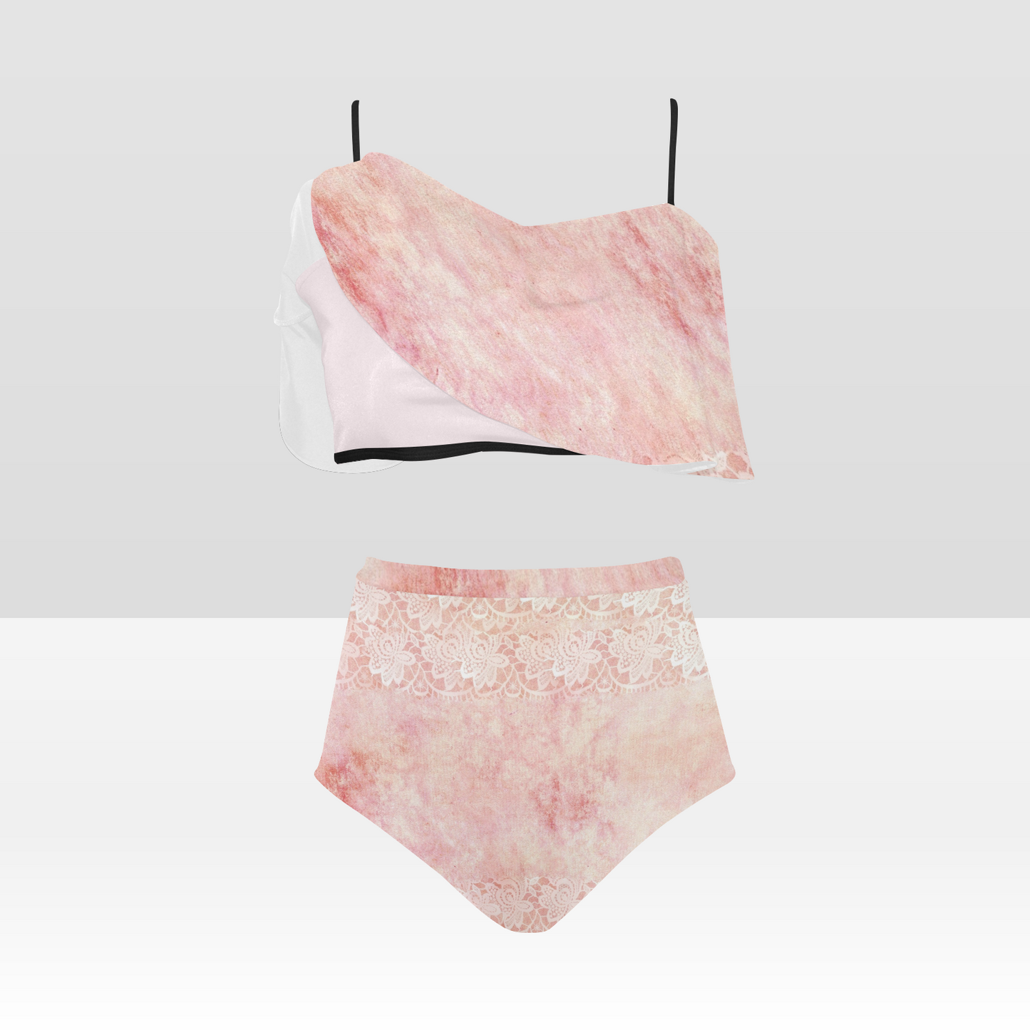 Flounce & Ruffle Bikini swimwear, Printed Victorian lace, Design 38 High Waisted Ruffle Bikini Set-A/B (Model SO3)