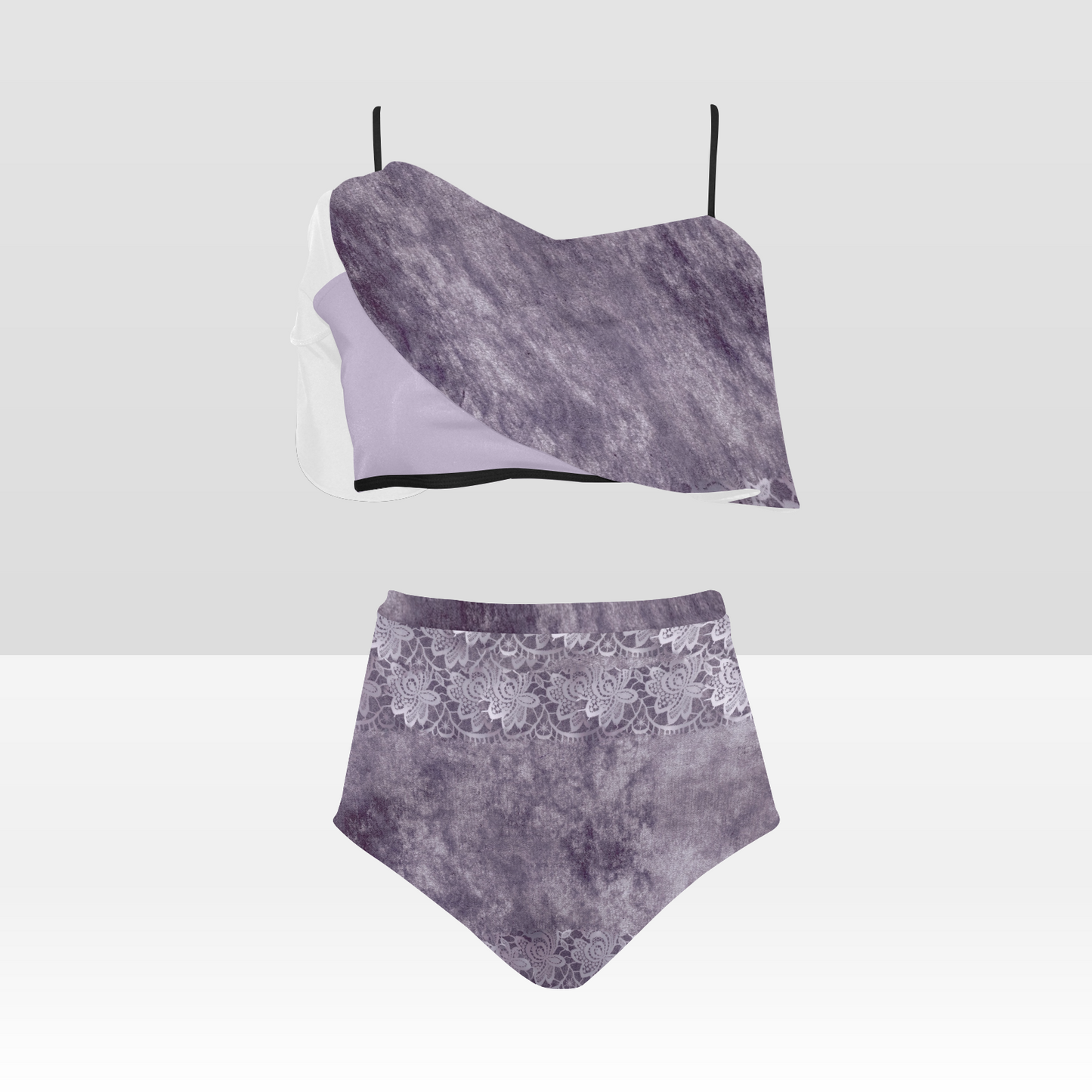 Flounce & Ruffle Bikini swimwear, Printed Victorian lace, Design 39 High Waisted Ruffle Bikini Set-A/B (Model SO3)