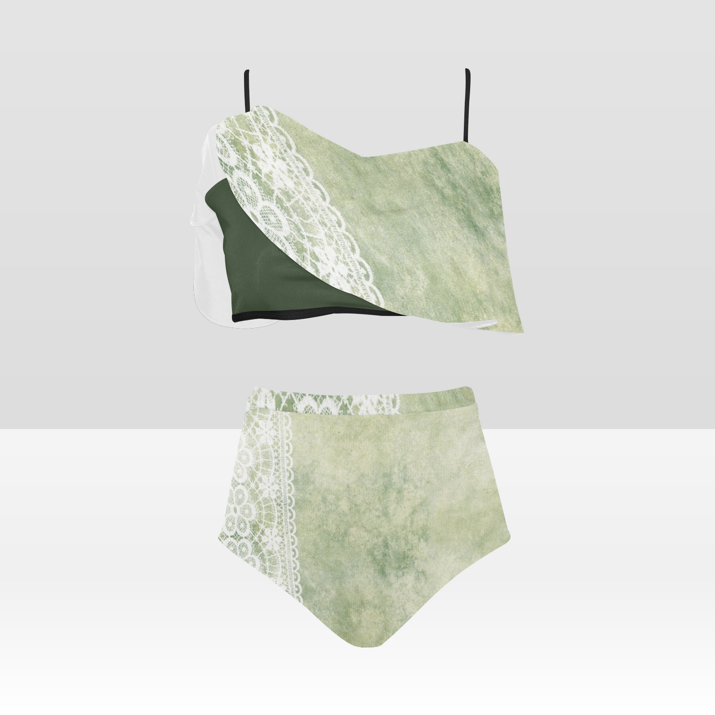 Flounce & Ruffle Bikini swimwear, Printed Victorian lace, Design 42 High Waisted Ruffle Bikini Set-A/B (Model SO3)