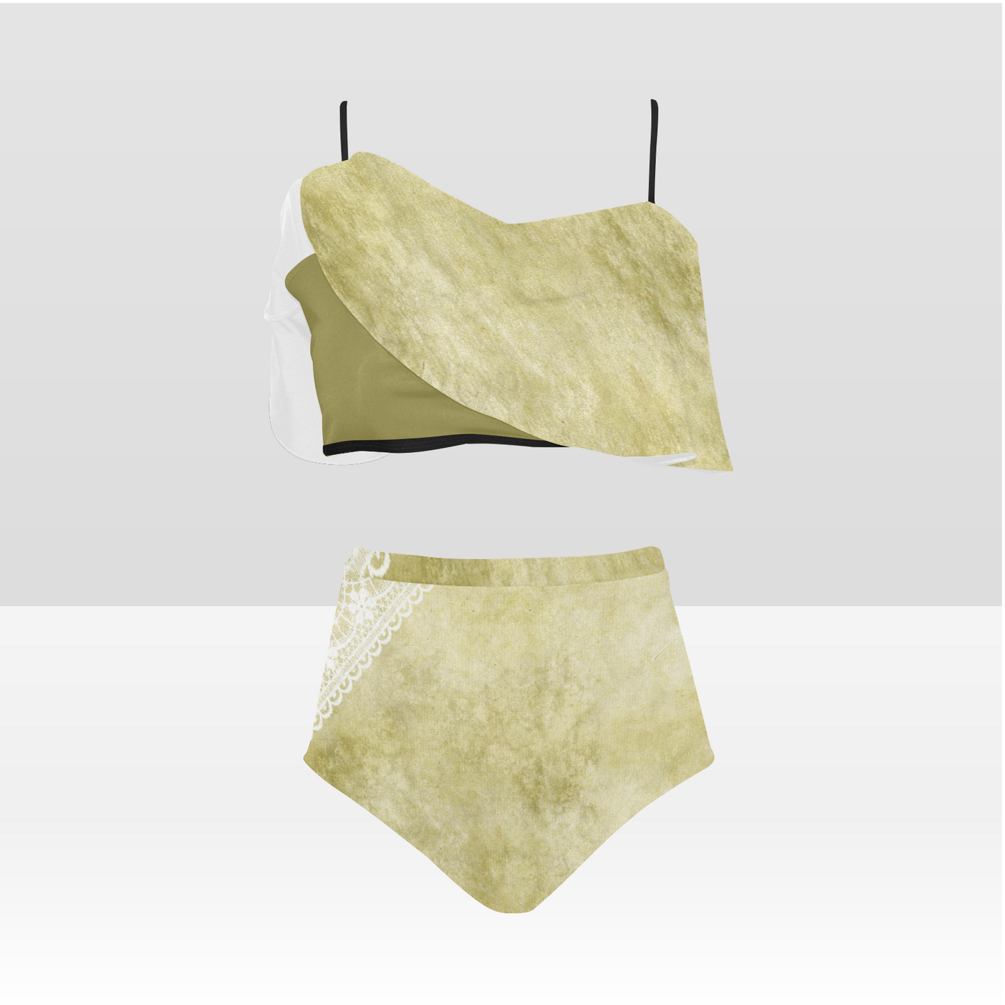 Flounce & Ruffle Bikini swimwear, Printed Victorian lace, Design 43 High Waisted Ruffle Bikini Set-A/B (Model SO3)