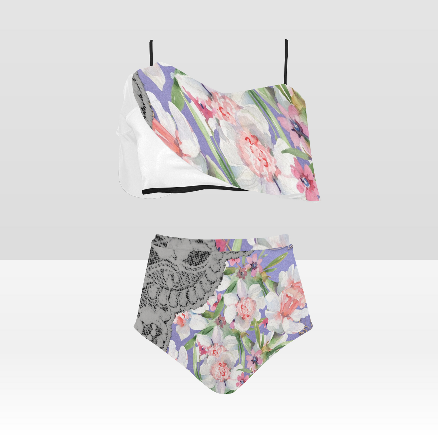 Flounce & Ruffle Bikini swimwear, Printed Victorian lace, Design 45 High Waisted Ruffle Bikini Set-A/B/C (Model SO3)