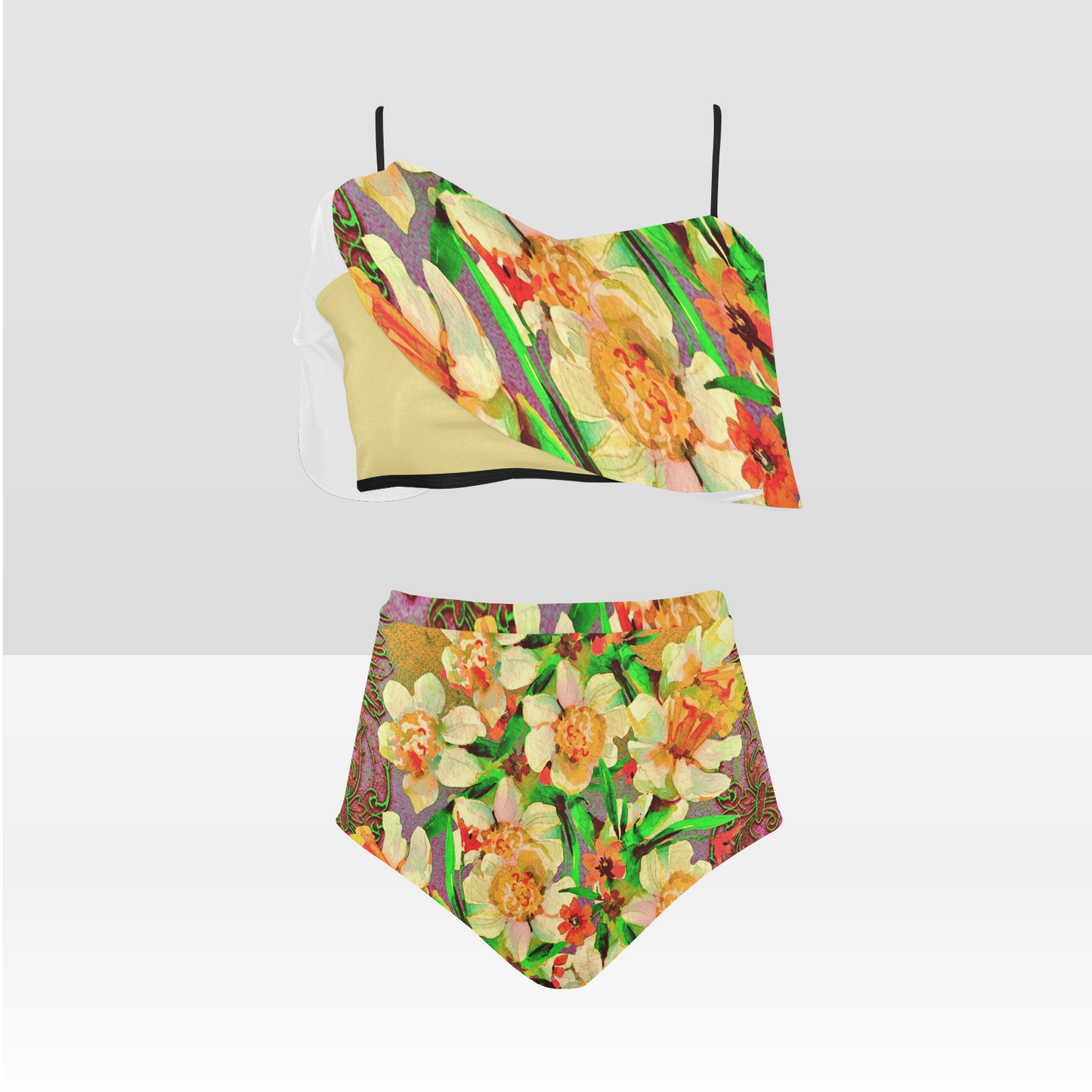 Flounce & Ruffle Bikini swimwear, Printed Victorian lace, Design 48 High Waisted Ruffle Bikini Set-A/B/C (Model SO3)