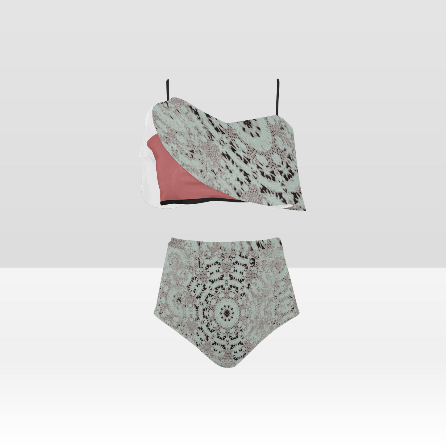 Flounce & Ruffle Bikini swimwear, Printed Victorian lace, Design 51 High Waisted Ruffle Bikini Set-A/B/C (Model SO3)