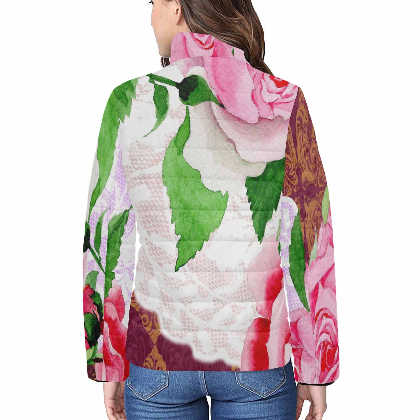 Victorian Lace print womens padded quilted jacket, design 19