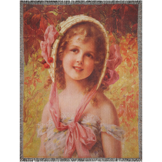 100% cotton Victorian Girl design woven blanket, 50 x 60 or 60 x 80in, THE CHERRY BONNET