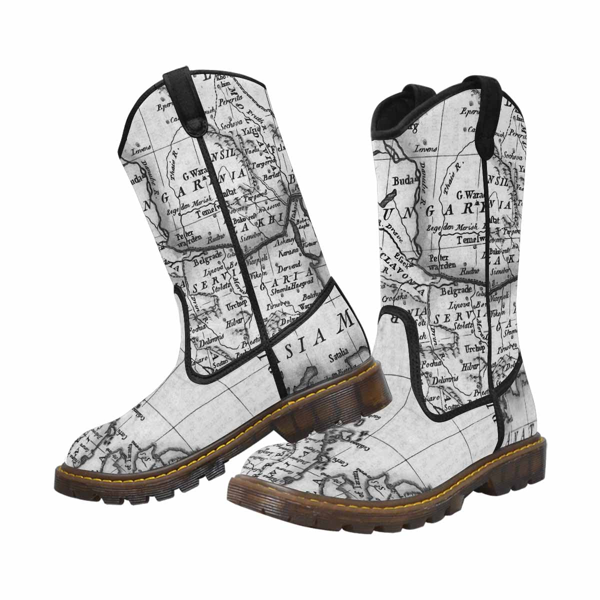 Antique Map design mens western lumber boots, Design 20
