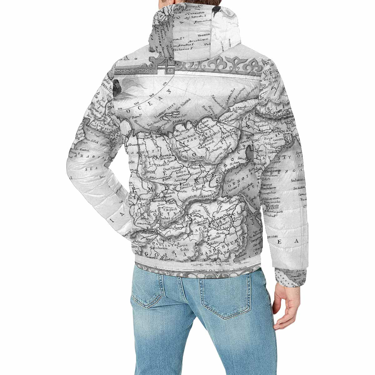 Antique Map design, mens lightweight, warm, quilted hooded bomber jacket, design, 35