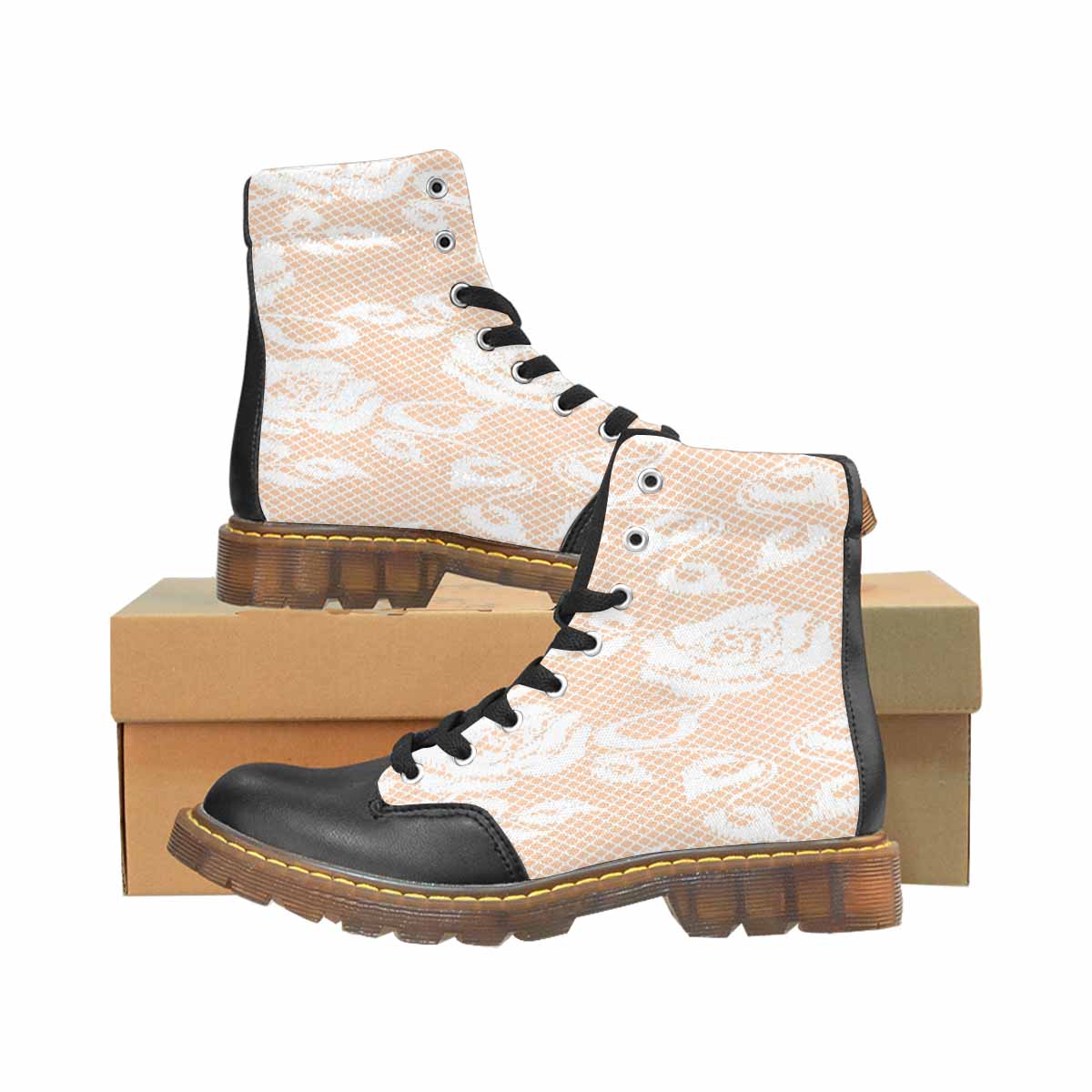 Victorian lace print, cute but tough, Winter walk about boots, design 16