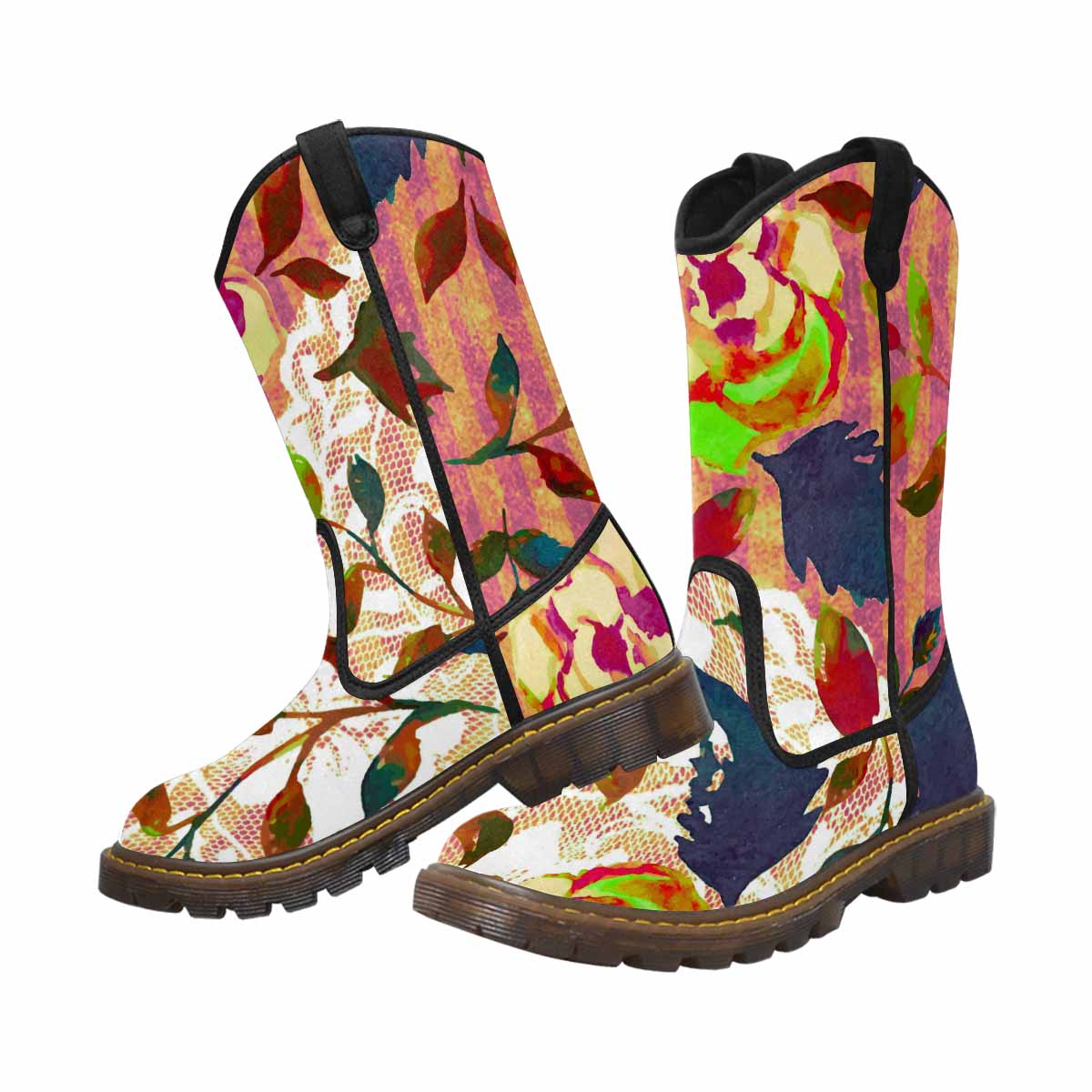 Victorian lace print, western lumber boots, design 22