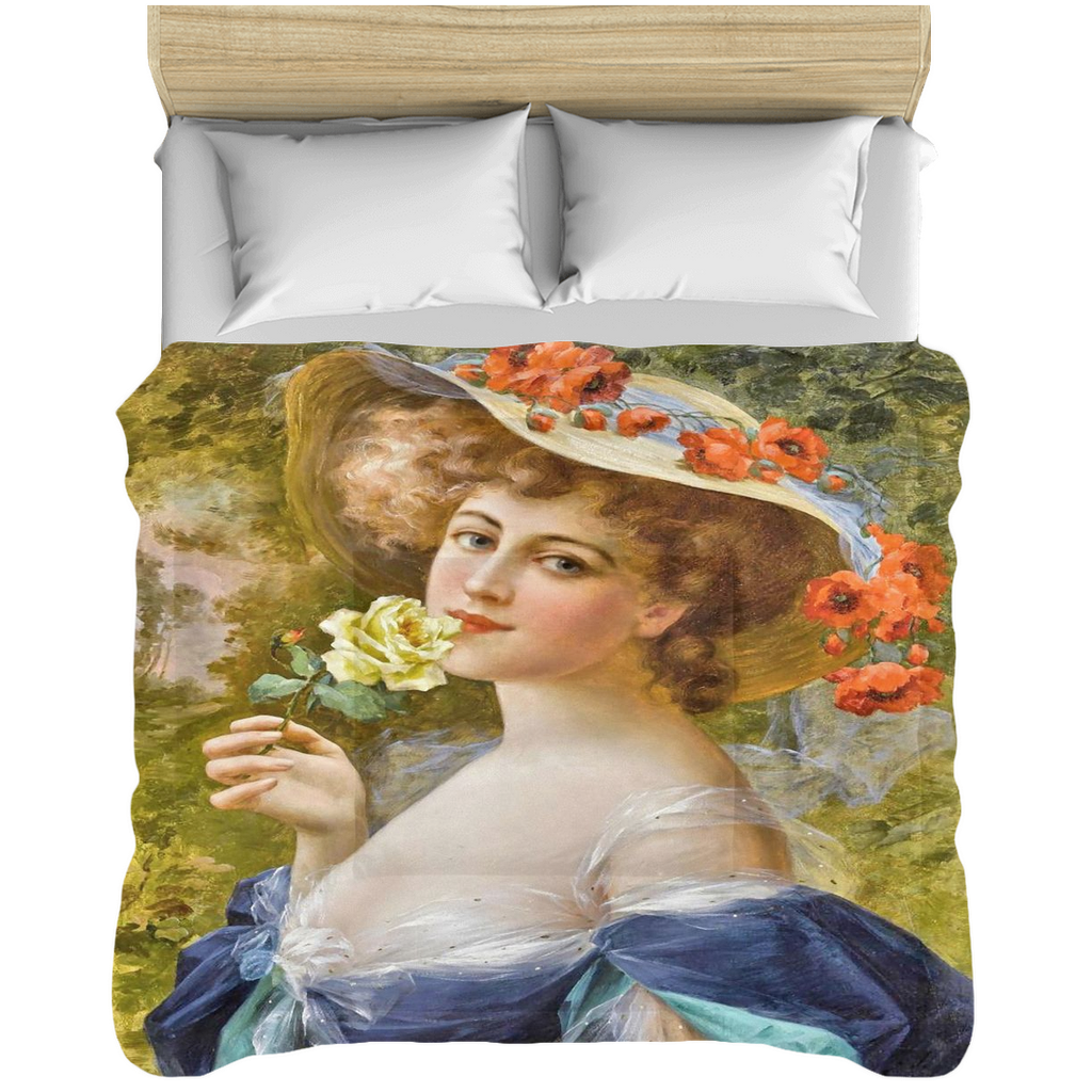 Victorian lady design comforter, twin, twin XL, queen or king, Woman with yellow rose at mouth
