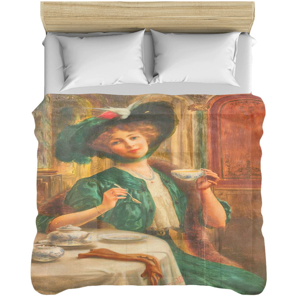 Victorian lady design comforter, twin, twin XL, queen or king, lady in green