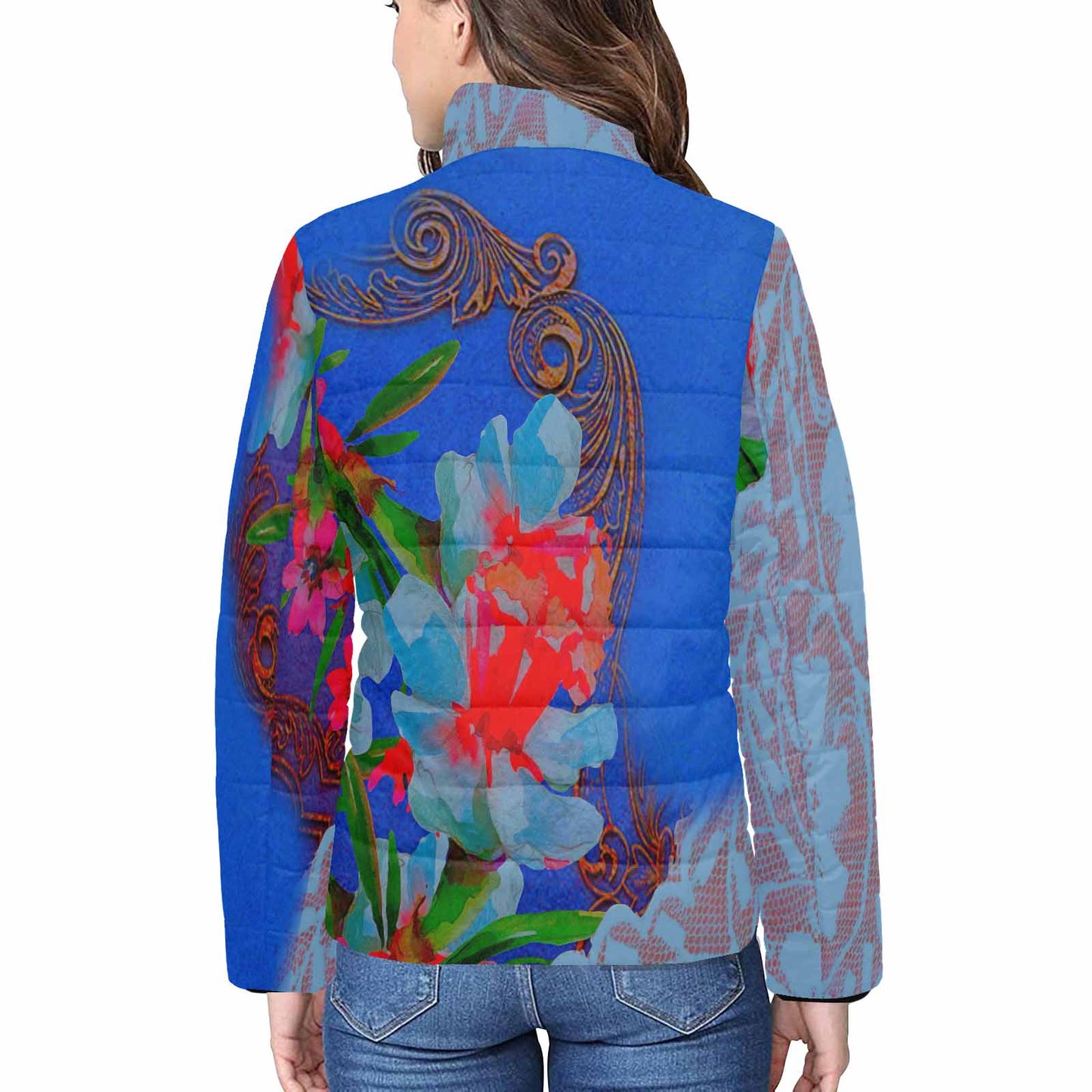 Victorian Lace print womens padded quilted jacket, design 46